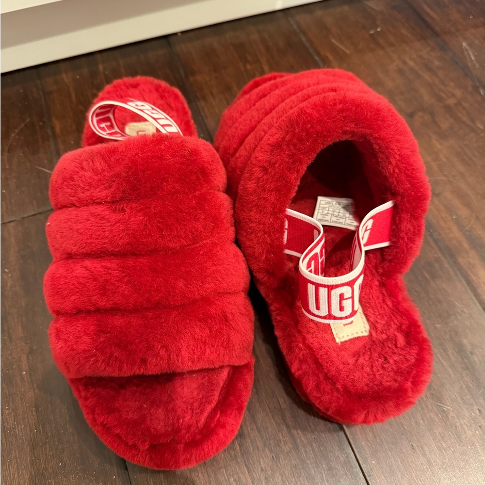 UGG Red Fluffy Slide Slippers